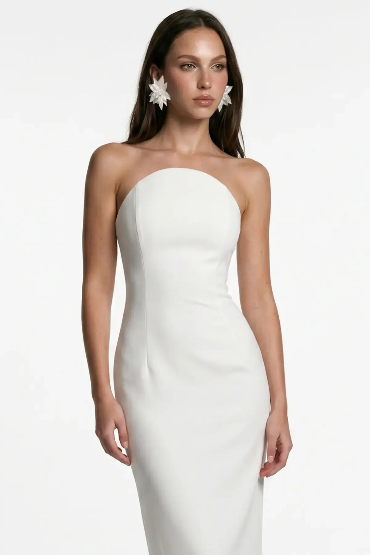 BEYAZ KORSE DETAYLI KREP MİDİ BODYCON ELBİSE