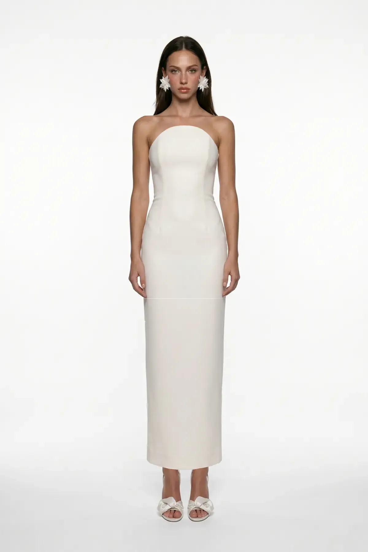 BEYAZ KORSE DETAYLI KREP MİDİ BODYCON ELBİSE