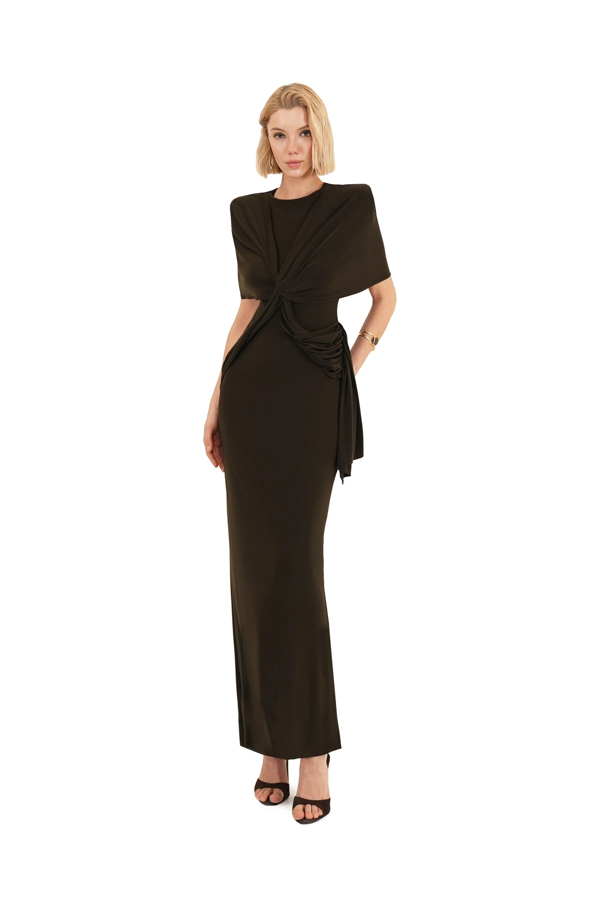 Brown Midi Dress with Knot Detail