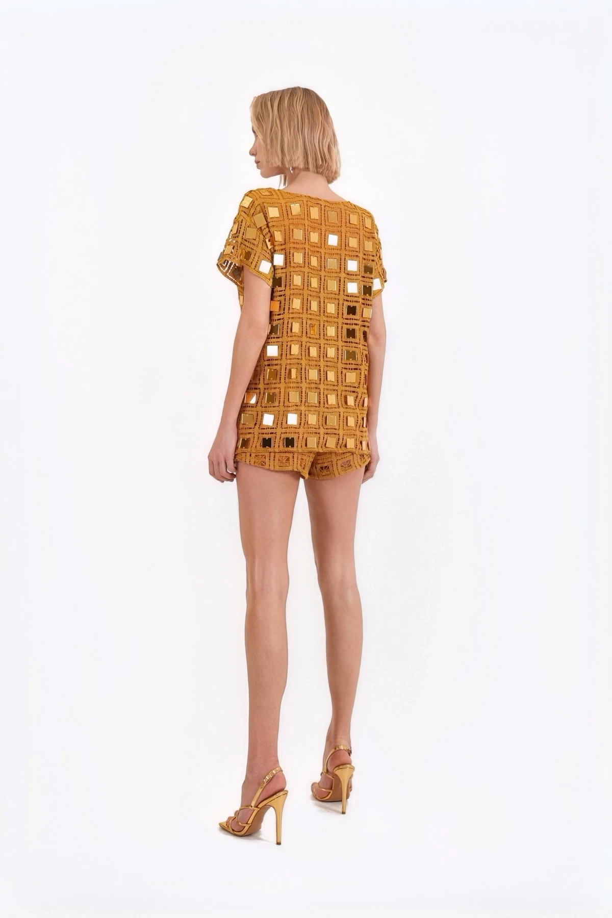 Gold Mirror Detailed Mustard Crochet Vest