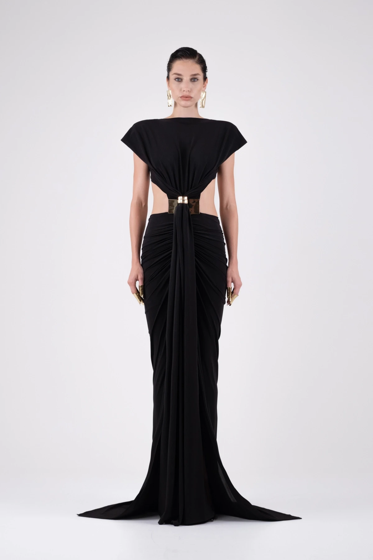 Black Maxi Dress with Gold Clip Detail and Draping