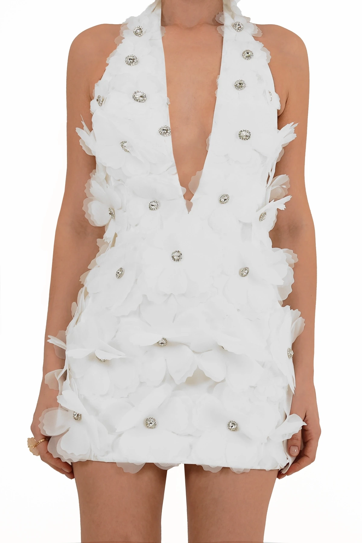 Silver Stone Embellished White Floral Detailed V-Neck Mini Dress