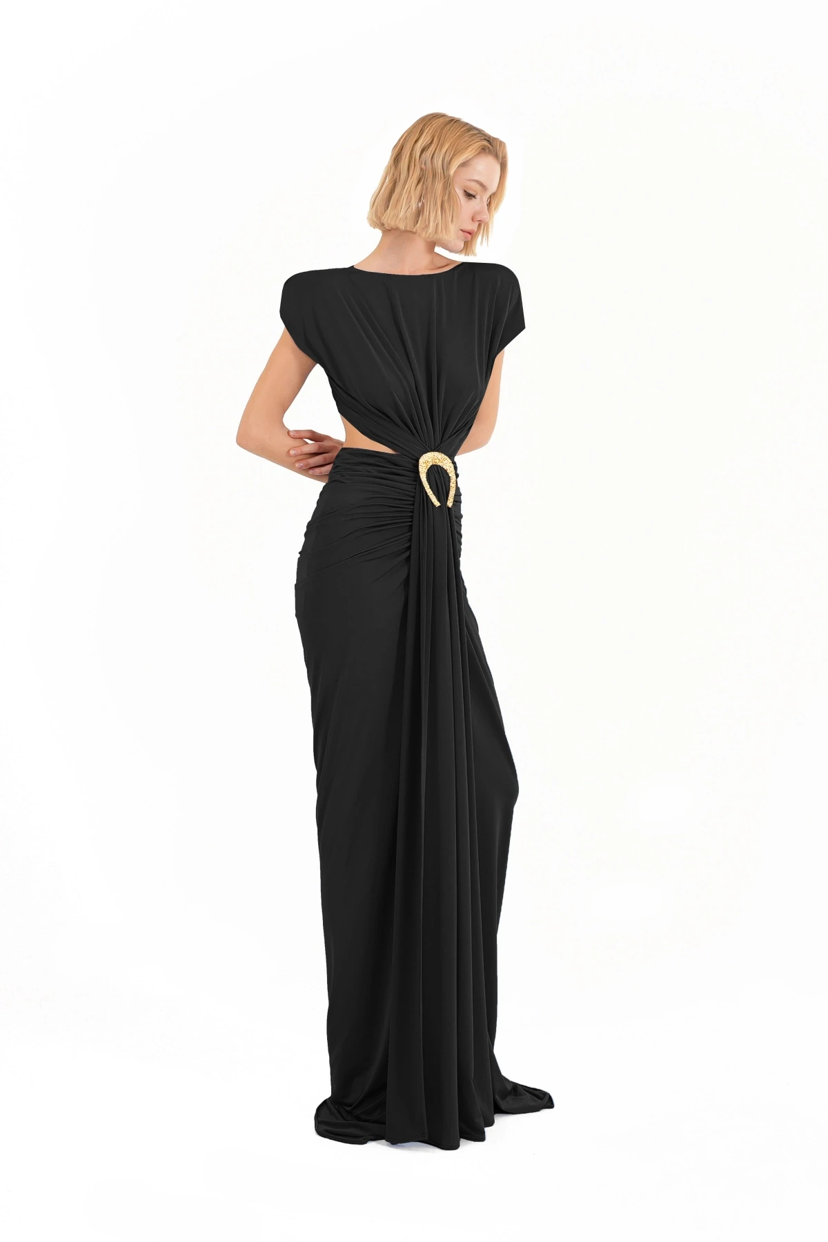 Gold Stone Buckle Detailed Draped Open Back Black Maxi Dress