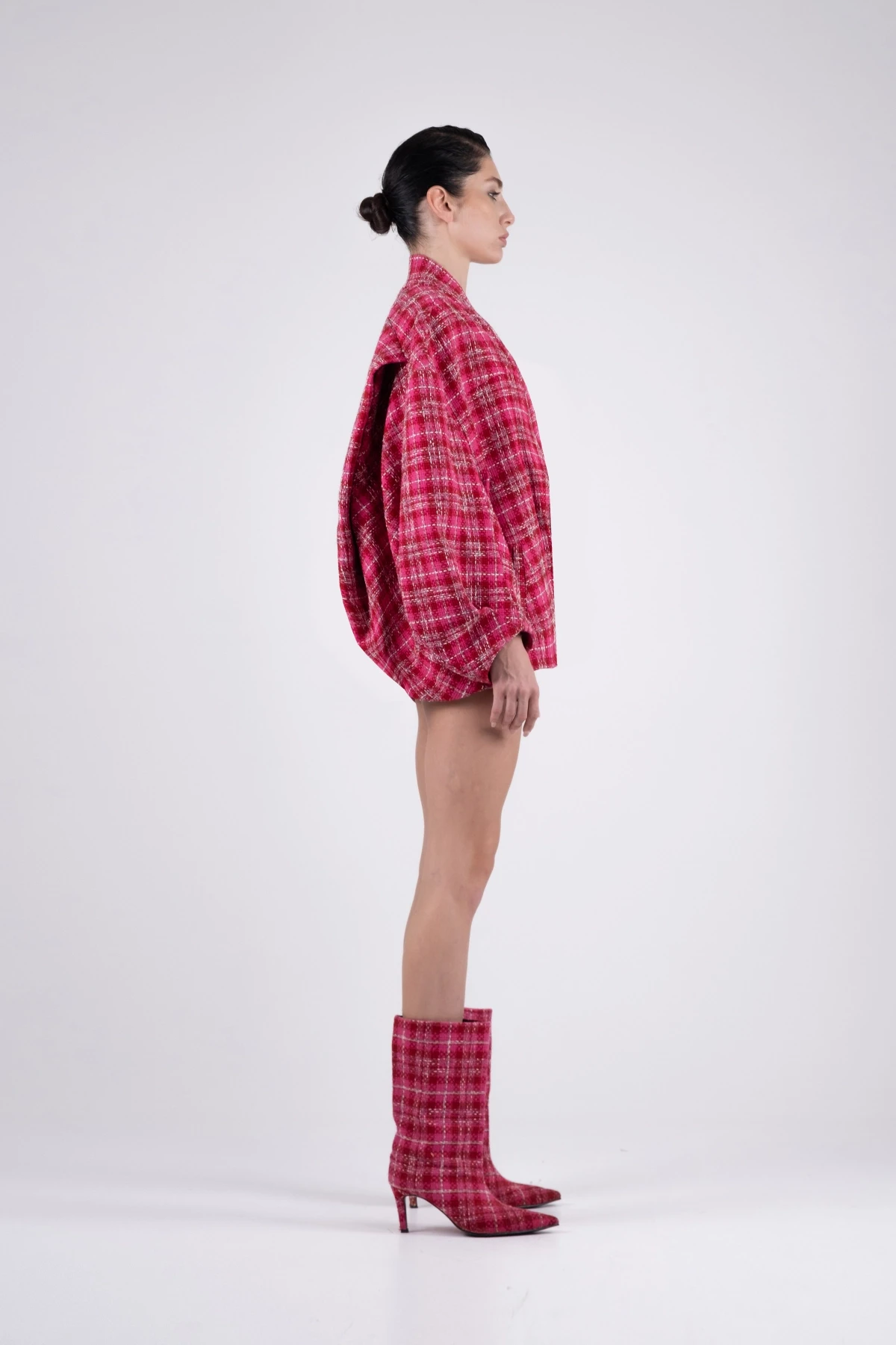 Fuchsia Tweed Bomber Jacket with Square Pattern