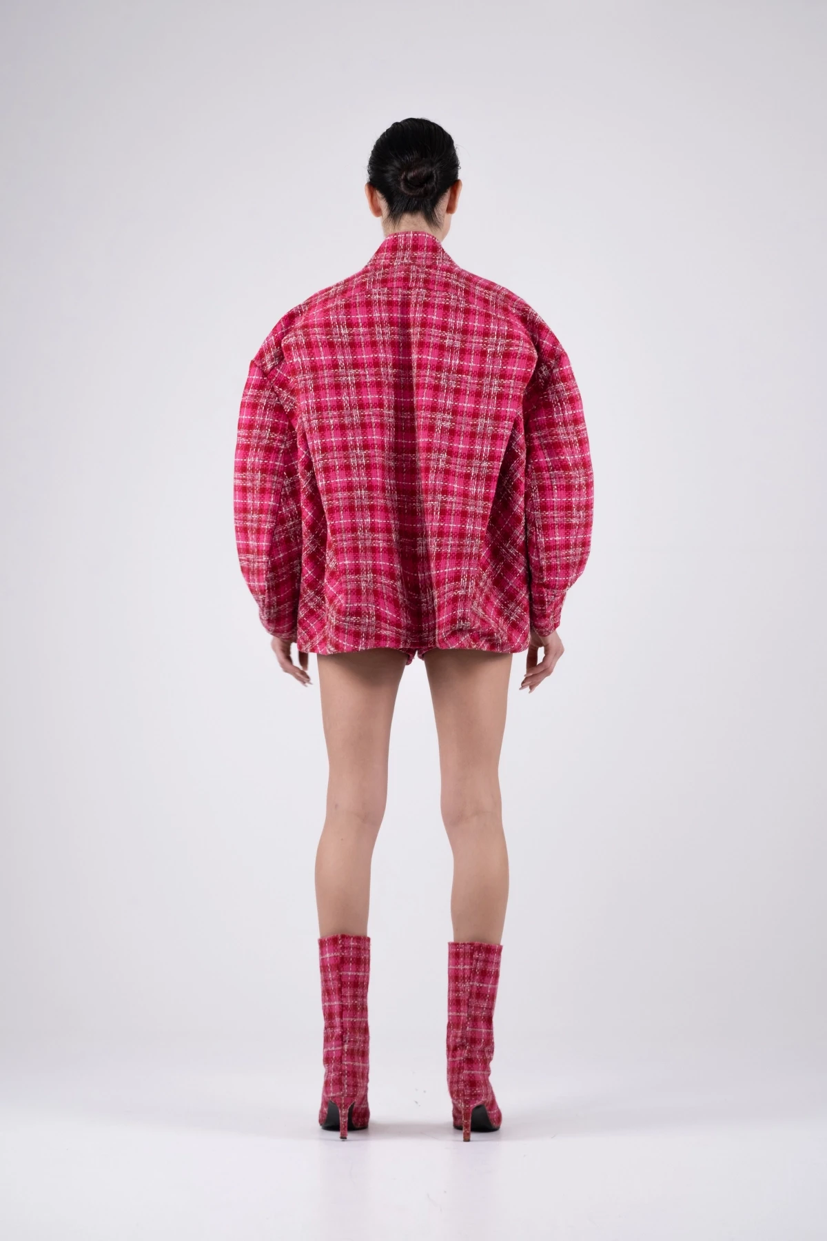 Fuchsia Tweed Bomber Jacket with Square Pattern