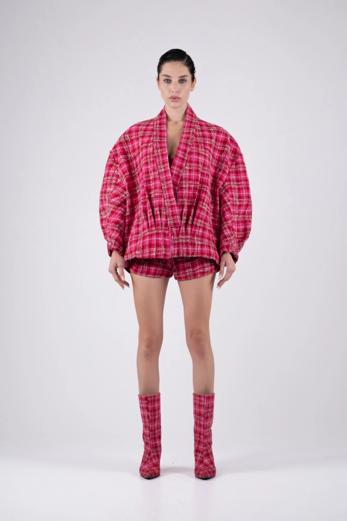 Fuchsia Tweed Bomber Jacket with Square Pattern