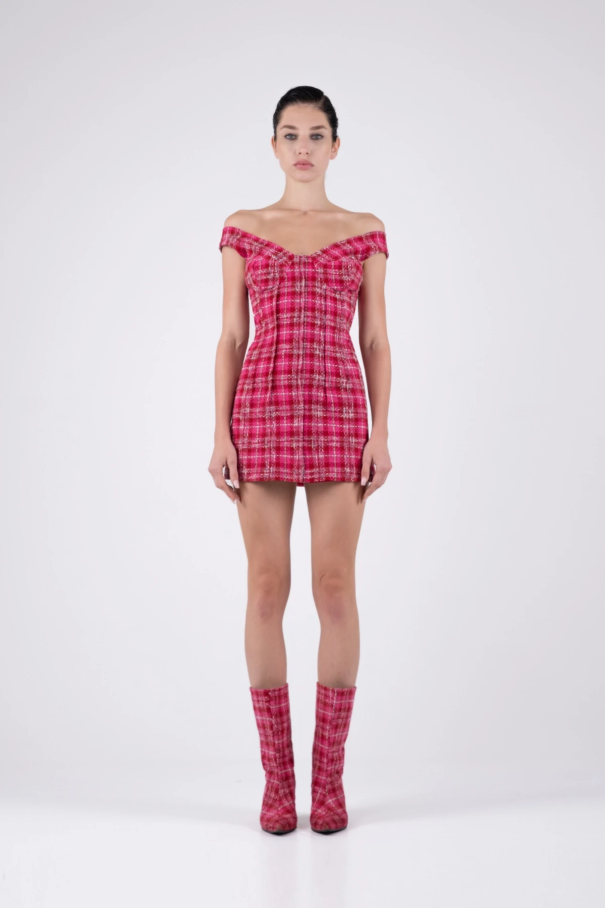 Fuchsia Tweed Dress with Square Pattern