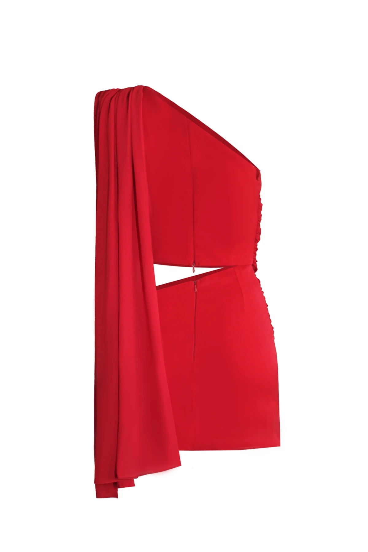 RED MINI DRESS WITH DRAPED CUTOUT DETAILS