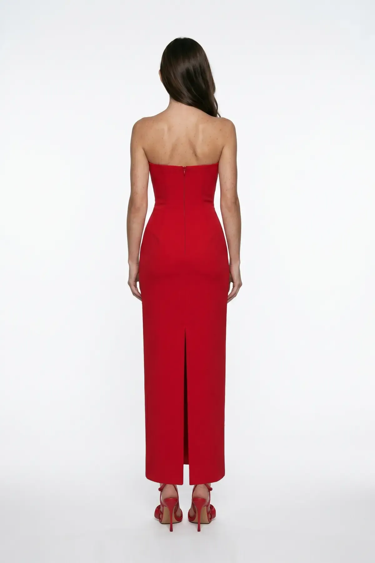 KIRMIZI KORSE DETAYLI KREP MİDİ BODYCON ELBİSE
