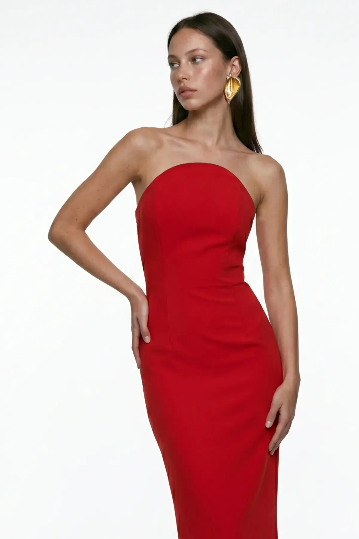 KIRMIZI KORSE DETAYLI KREP MİDİ BODYCON ELBİSE