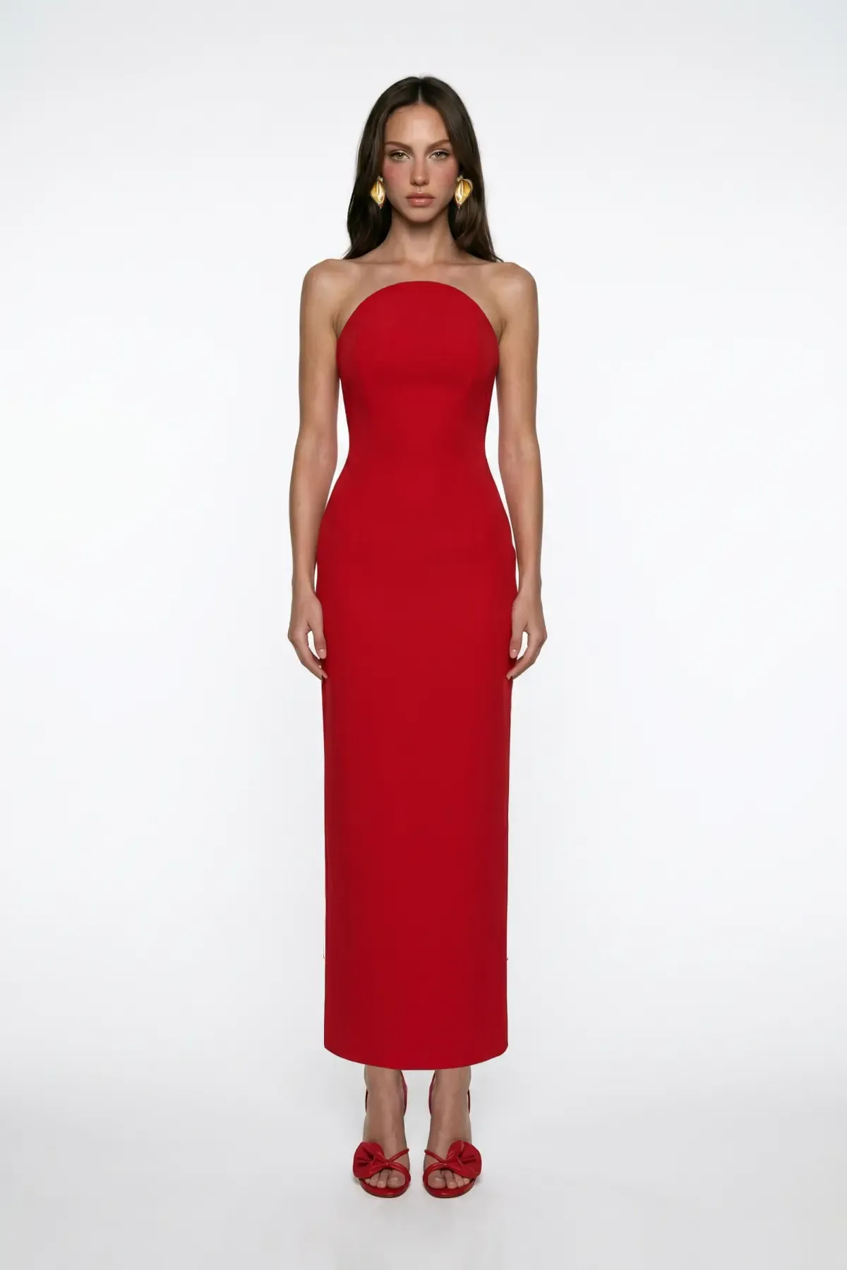 KIRMIZI KORSE DETAYLI KREP MİDİ BODYCON ELBİSE