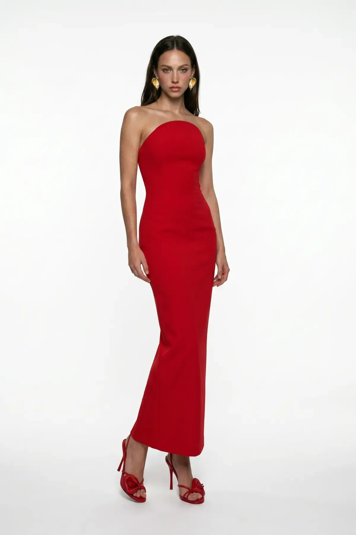 KIRMIZI KORSE DETAYLI KREP MİDİ BODYCON ELBİSE