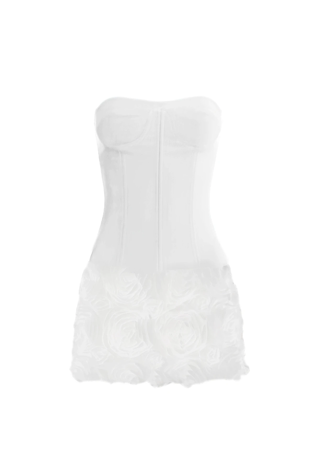 KORSE DETAYLI ÇİÇEK DESENLİ BEYAZ MİNİ ELBİSE