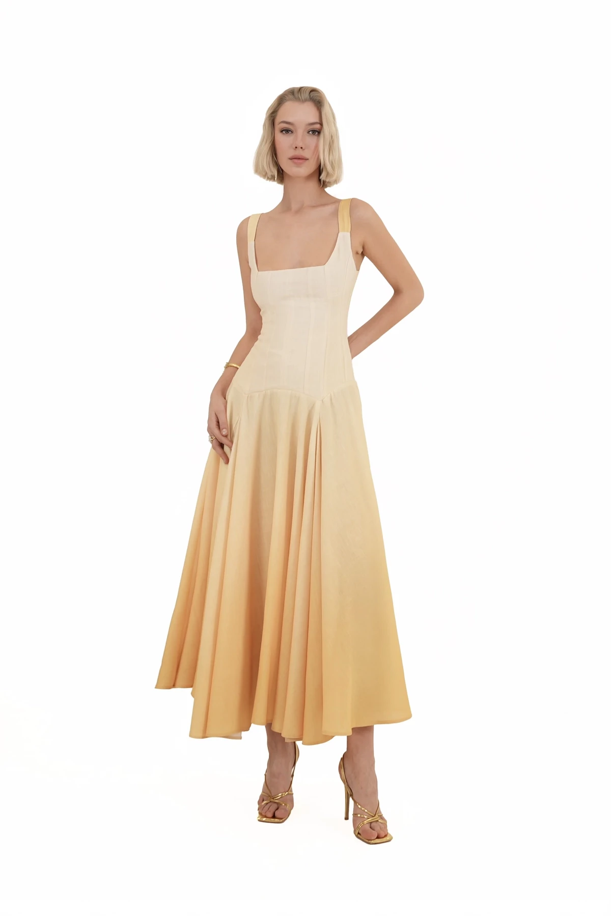 Yellow Gradient Patterned Bow Detailed Open Back Midi Dress