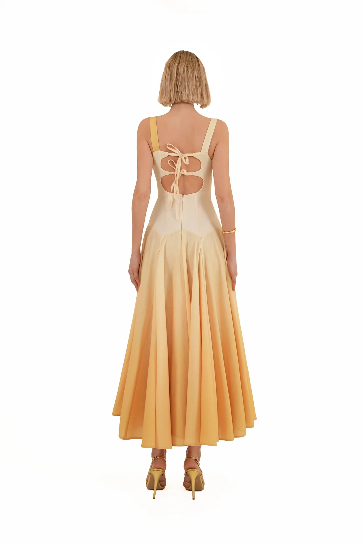 Yellow Gradient Patterned Bow Detailed Open Back Midi Dress