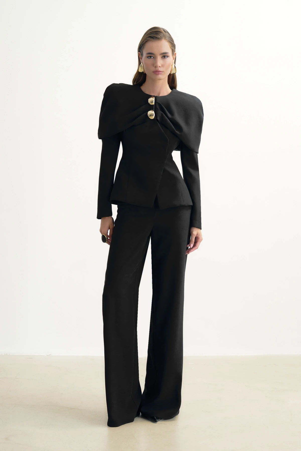 BLACK DRAPED BLAZER WITH CAPE DETAIL