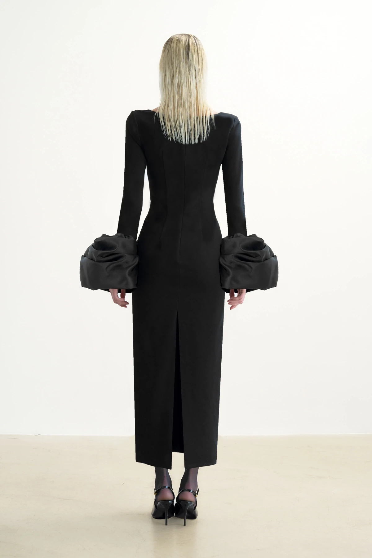 BLACK MIDI DRESS WITH CHEST DETAIL AND PUFFED SLEEVES