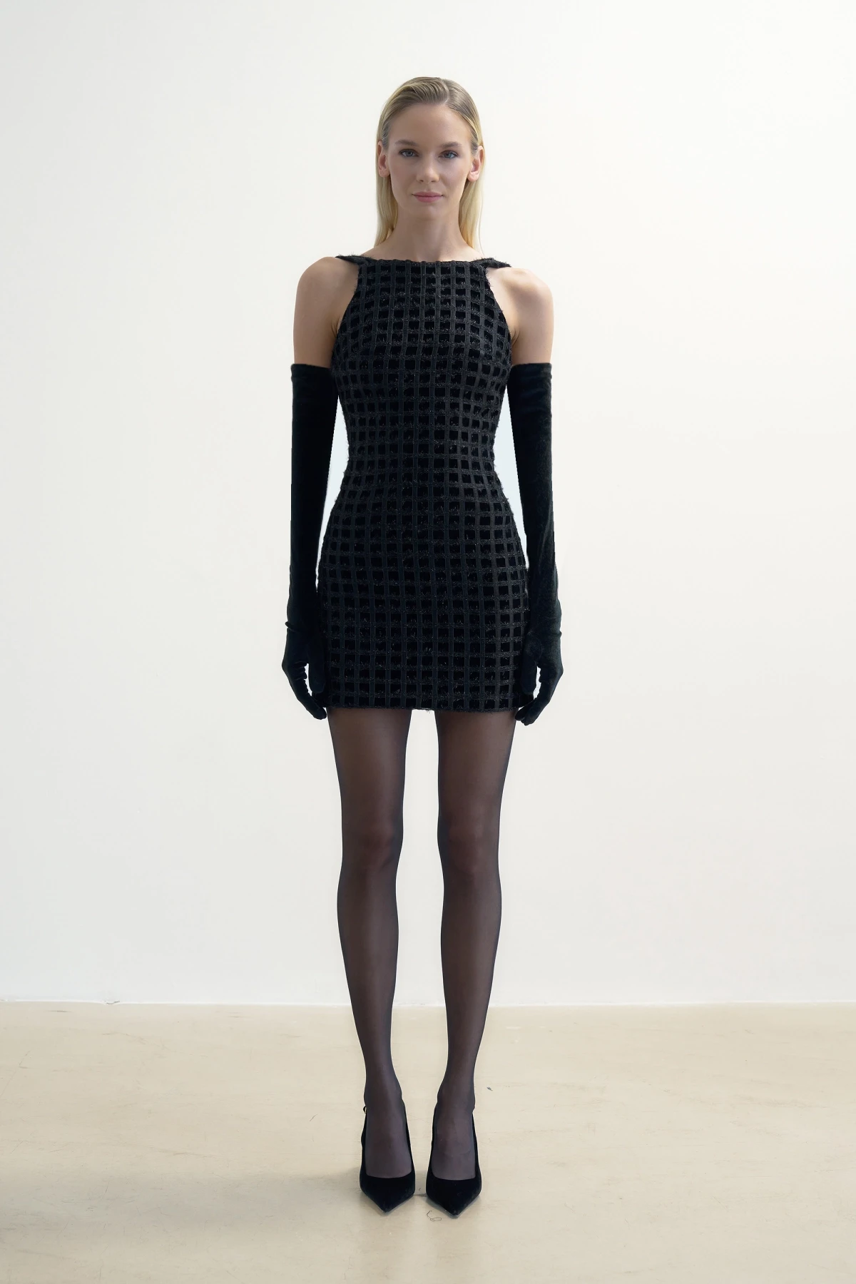 BLACK CHECKED HALTER-NECK MINI DRESS