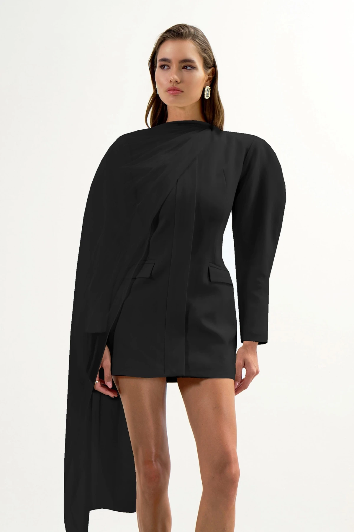 BLACK MINI BLAZER DRESS WITH SCARF DETAIL