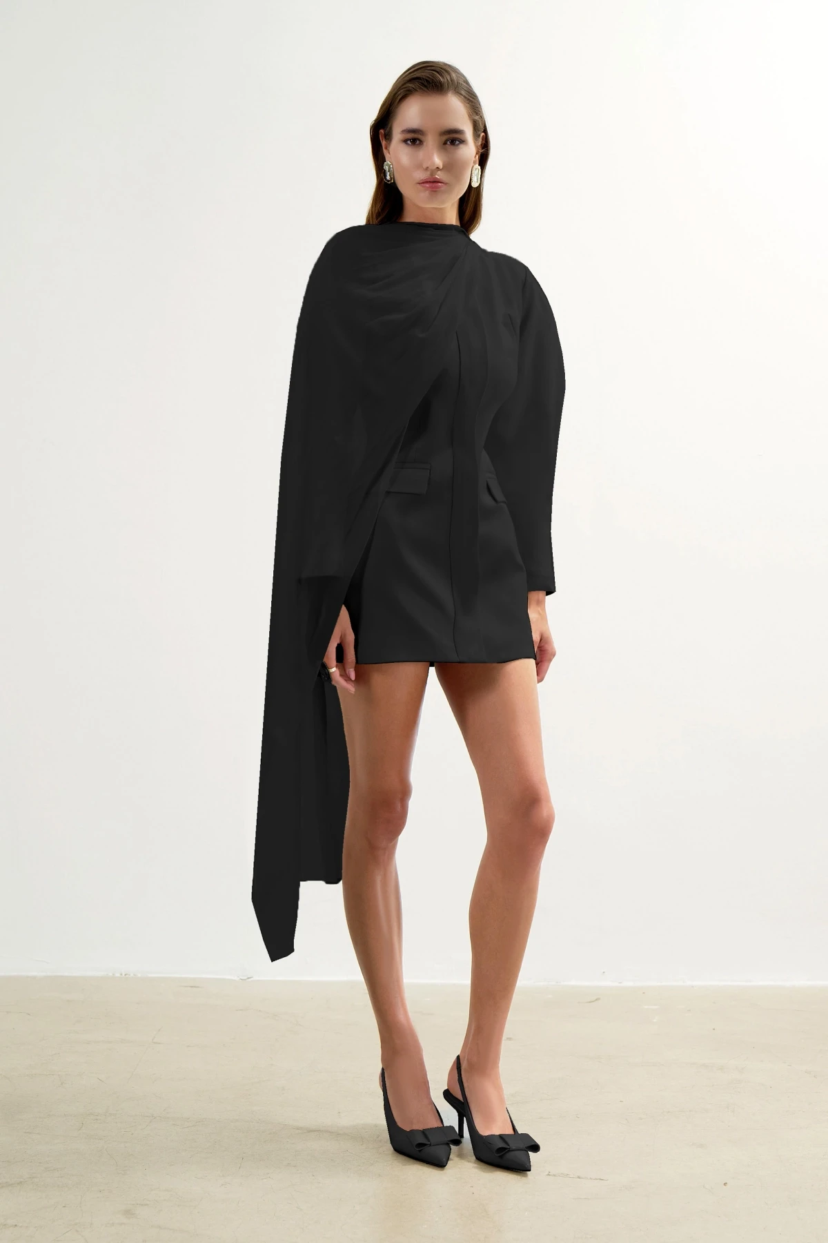 BLACK MINI BLAZER DRESS WITH SCARF DETAIL