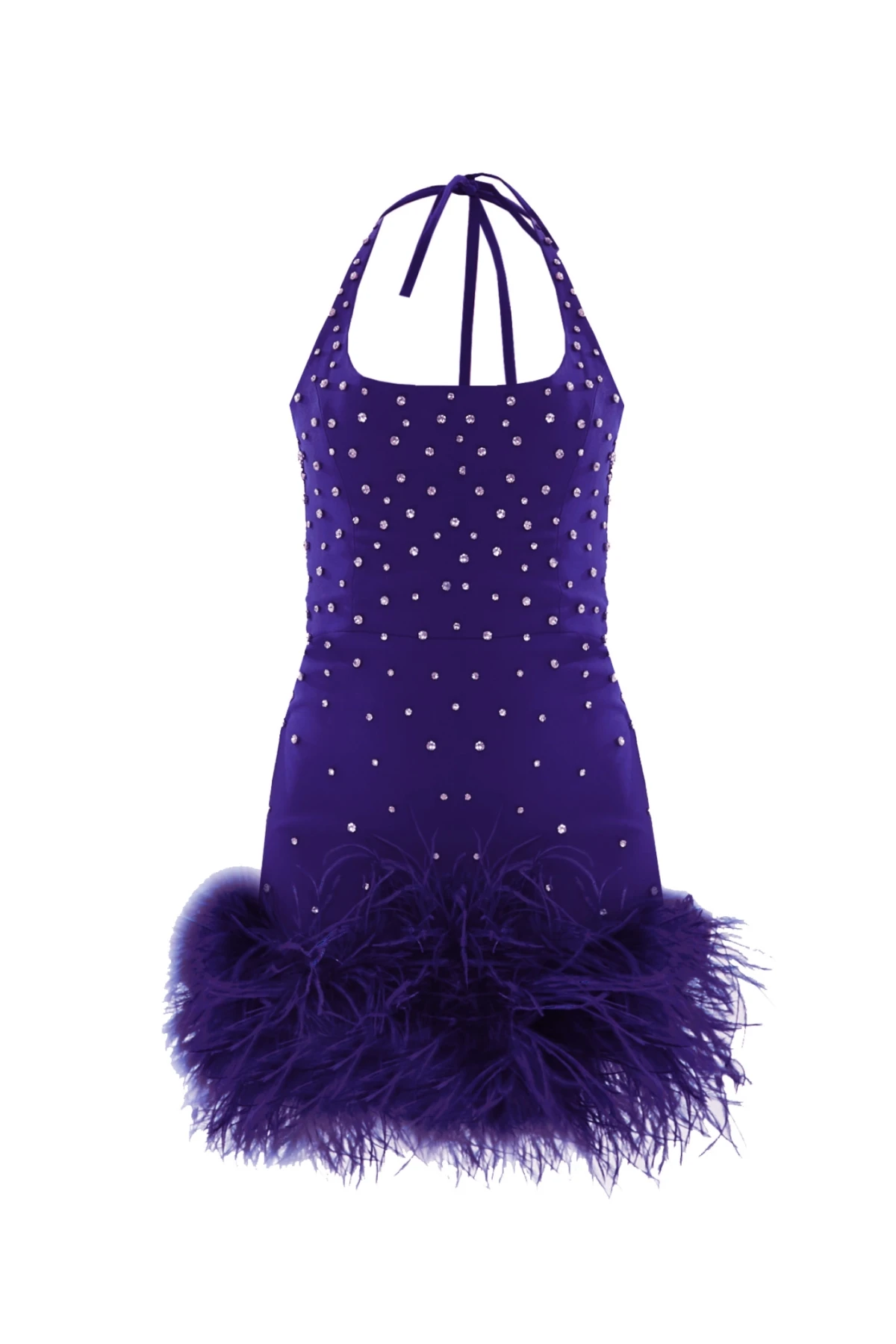 PURPLE MINI DRESS WITH STONE PRINT AND FEATHER DETAIL