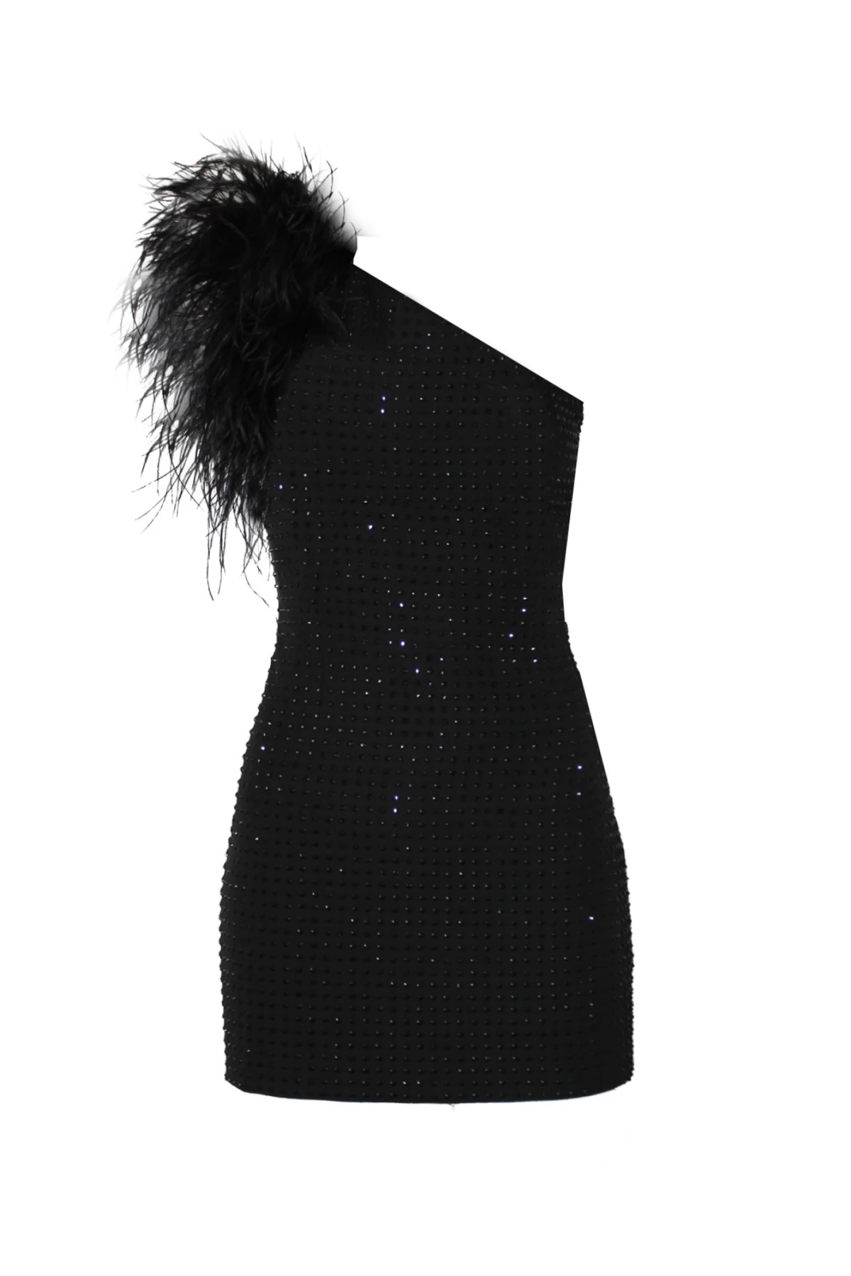 TEK OMUZ TÜY DETAYLI TAŞ BASKILI SİYAH MİNİ ELBİSE