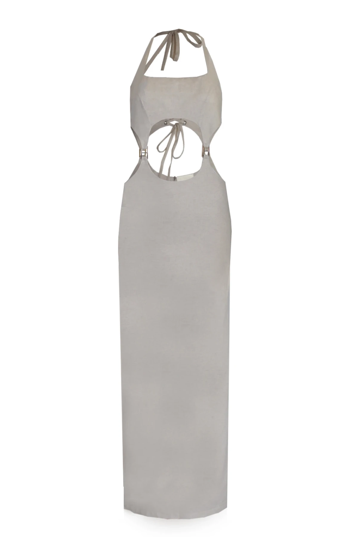 TOKA DETAYLI KETEN BEJ MIDI ELBİSE