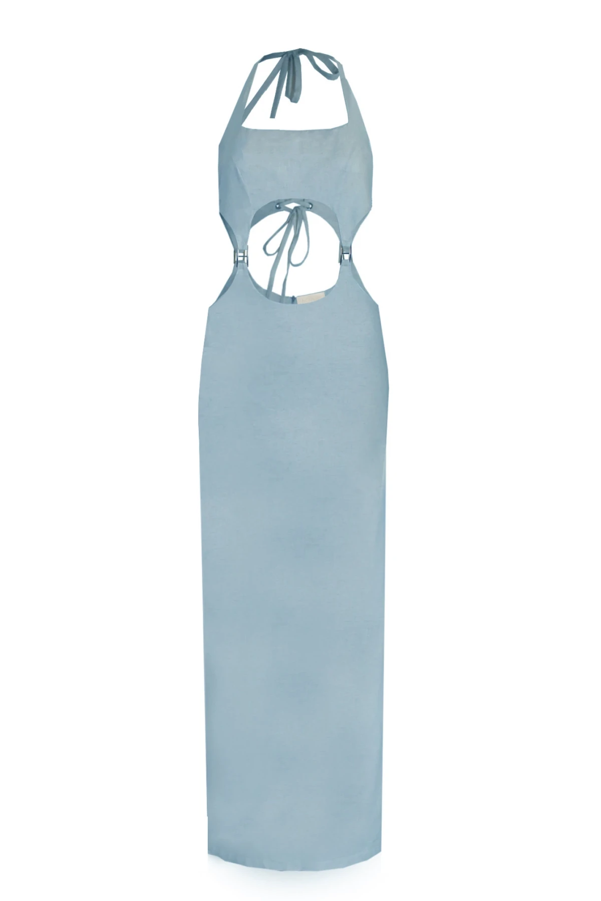 BLUE LINEN MIDI DRESS WITH BUCKLE DETAIL