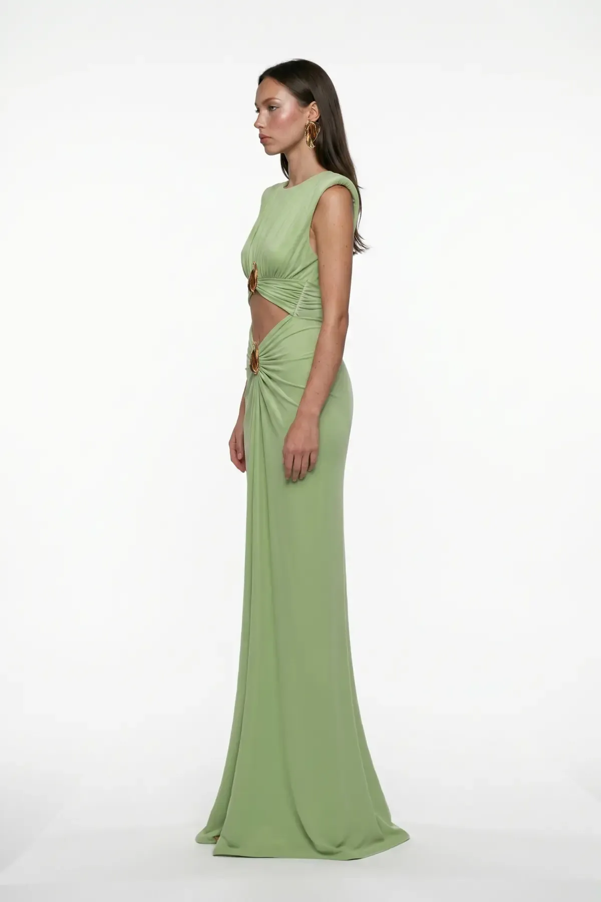 YEŞİL KESİK DETAYLI MAXİ ELBİSE