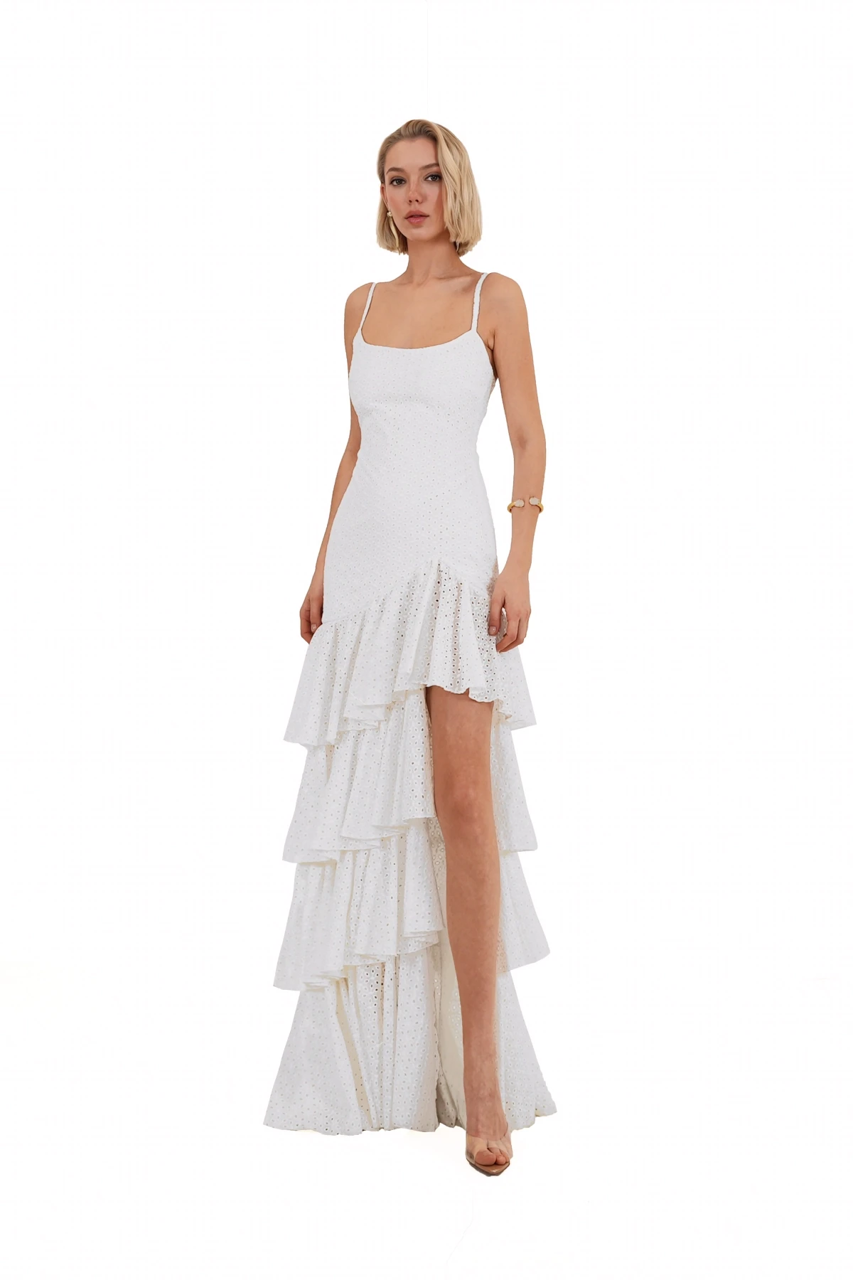 White Ruffled Maxi Dress with Slit Detail