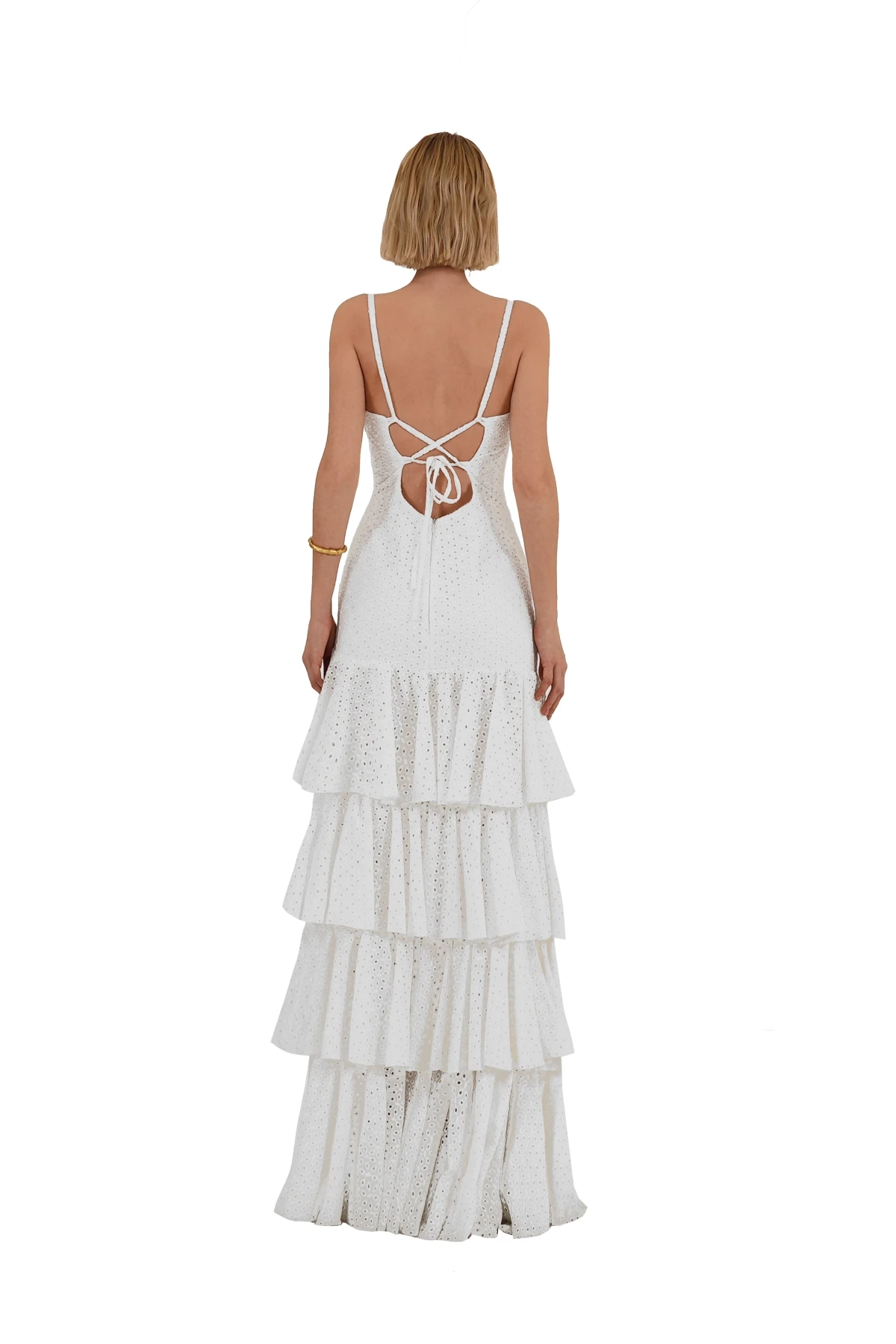 White Ruffled Maxi Dress with Slit Detail