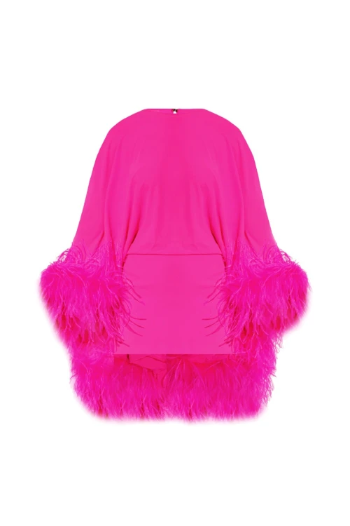 FUCHSIA MINI DRESS WITH FEATHER DETAIL AND CAPE