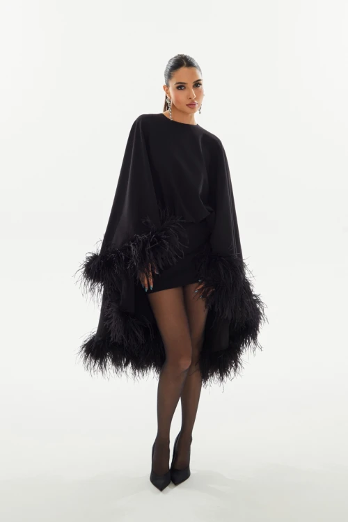 BLACK MINI DRESS WITH CAPE FEATHER DETAIL