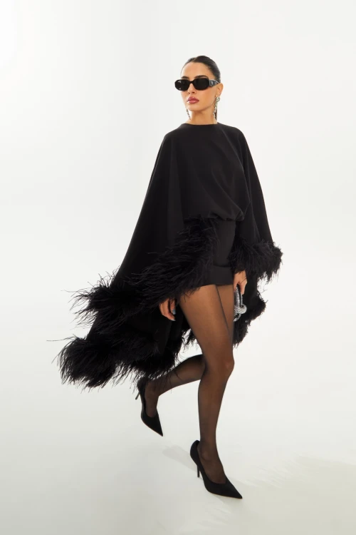 BLACK MINI DRESS WITH CAPE FEATHER DETAIL