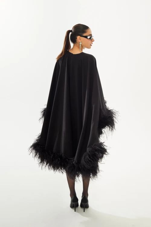 BLACK MINI DRESS WITH CAPE FEATHER DETAIL