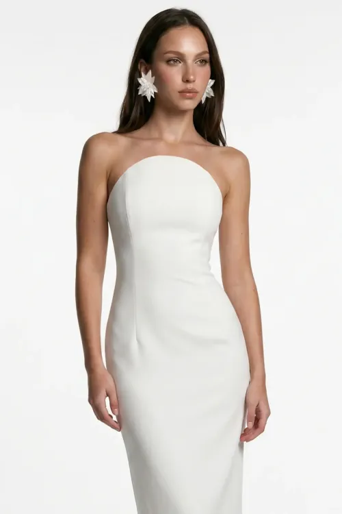 BEYAZ KORSE DETAYLI KREP MİDİ BODYCON ELBİSE