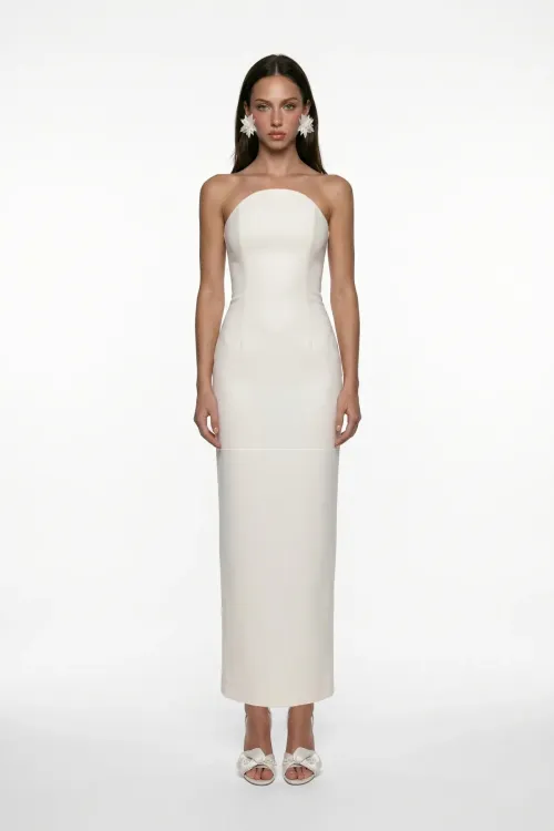 BEYAZ KORSE DETAYLI KREP MİDİ BODYCON ELBİSE