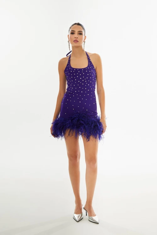 PURPLE MINI DRESS WITH STONE PRINT AND FEATHER DETAIL