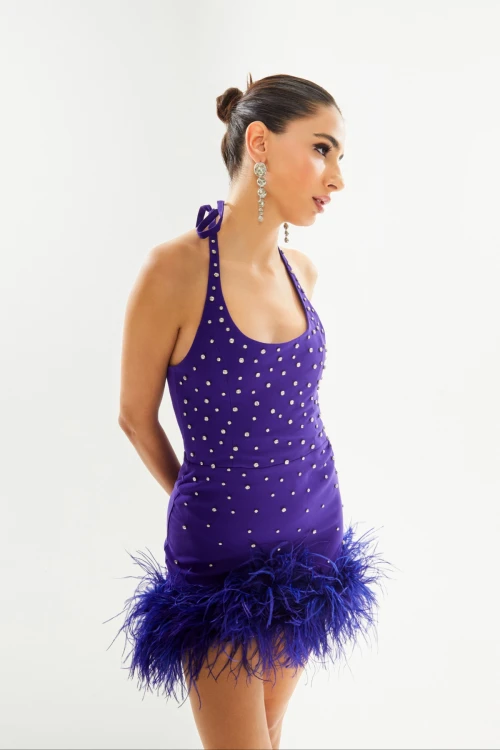 PURPLE MINI DRESS WITH STONE PRINT AND FEATHER DETAIL