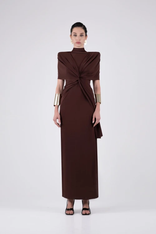 Brown Midi Dress with Knot Detail