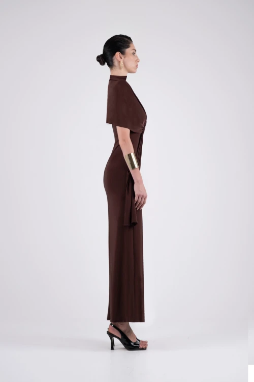 Brown Midi Dress with Knot Detail