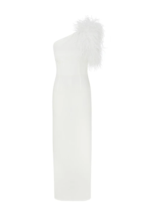 WHITE MAXI DRESS WITH FEATHER DETAIL