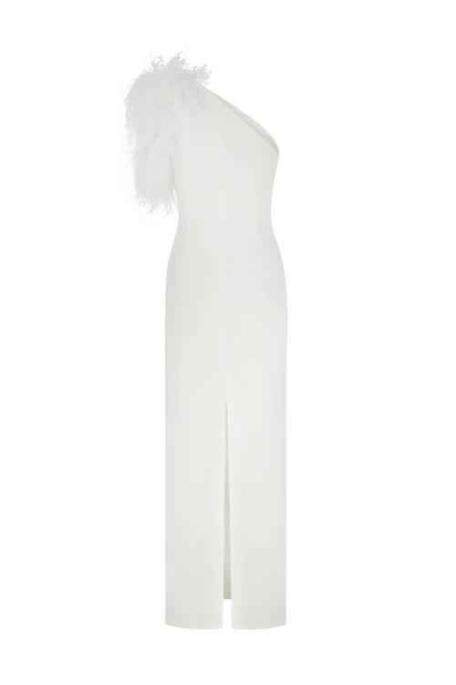 WHITE MAXI DRESS WITH FEATHER DETAIL