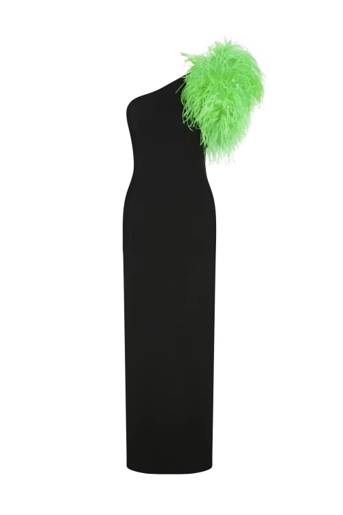 BLACK MAXI DRESS WITH FEATHER DETAIL