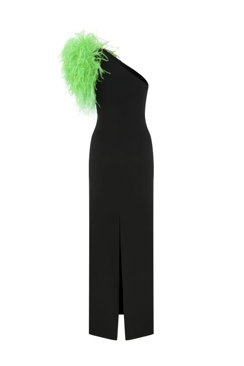 BLACK MAXI DRESS WITH FEATHER DETAIL