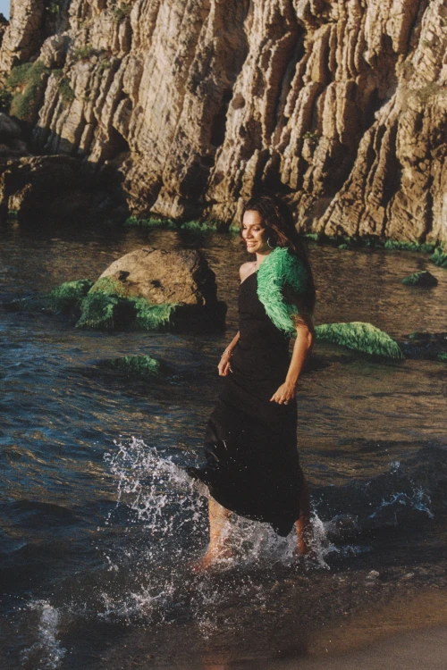 BLACK MAXI DRESS WITH FEATHER DETAIL