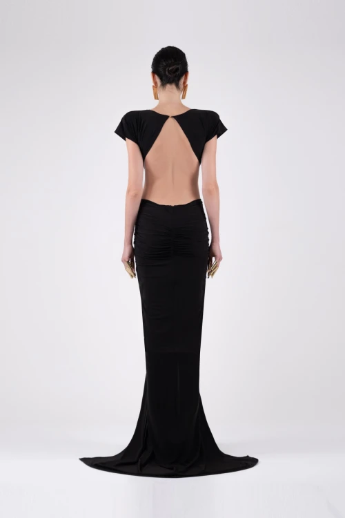 Black Maxi Dress with Gold Clip Detail and Draping