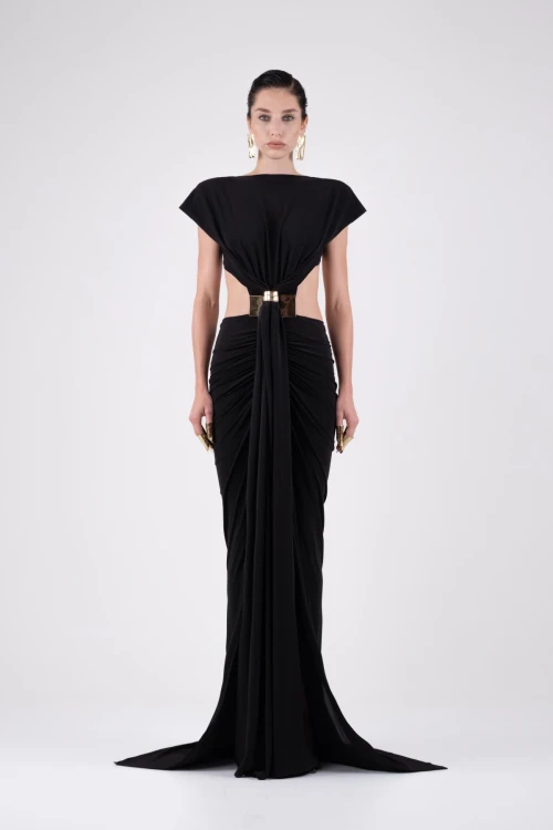 Black Maxi Dress with Gold Clip Detail and Draping