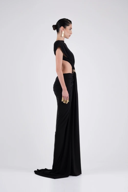 Black Maxi Dress with Gold Clip Detail and Draping