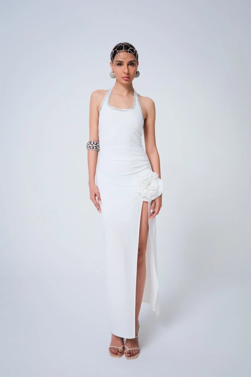 WHITE MIDI DRESS WITH ROSE DETAILS SLIT AND STONES